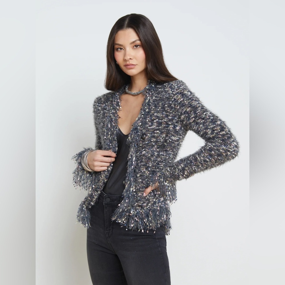 NWT L’Agence Azure Fringe Cardigan Blazer Loose Tweed Knit Preppy Paris Gray XL